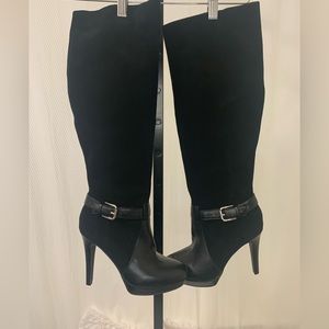 Audrey Brooke Black Leather Round Toe Tall Stiletto Heel Boots